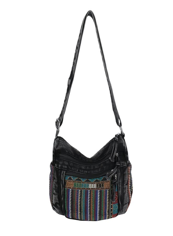 Winatehr crossbody bags denim purse for women, pocketbooks boho travel jean everyday purse for ladies vintage, black medium canvas crossbody side bag, bohemian casual fashion hippie accessories - Image 1